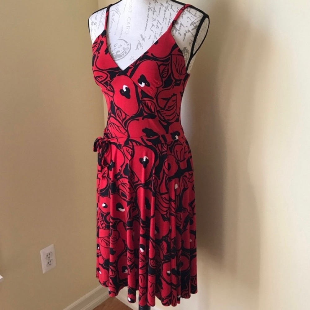 Kamalikulture Norma Kamali Red Black Poppy Floral Midi Dress Belted Womens M